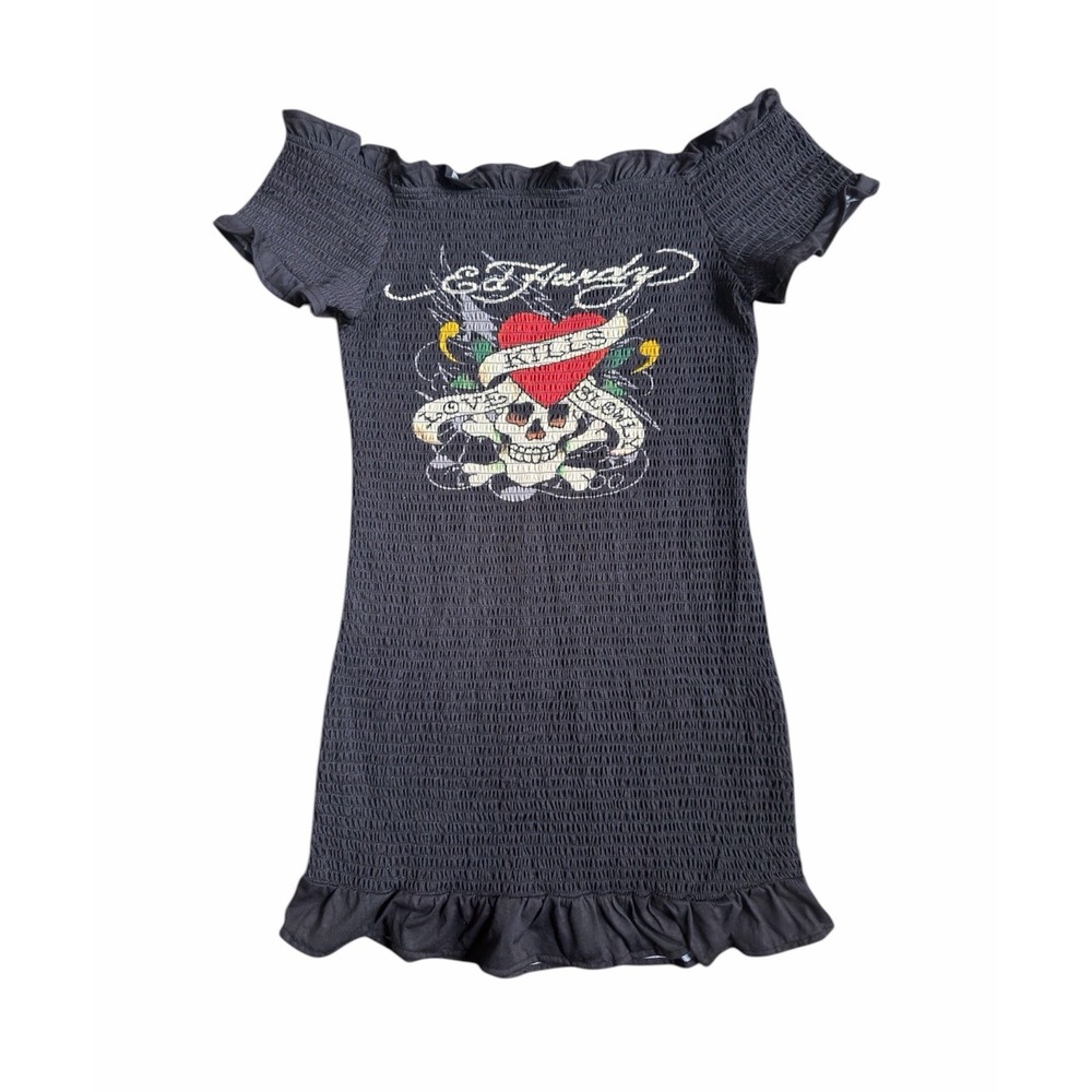 Ed Hardy Black Smoked Stretch Mini Dress Love Kills Slowly Off The Shoulder Sz S